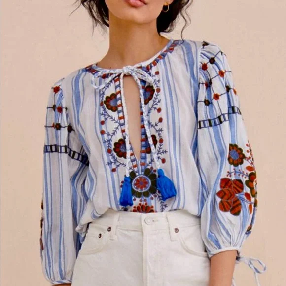 Antik Batik Blue and White Graphic Tie Front Blouse embroidered sz M - Picture 1 of 9